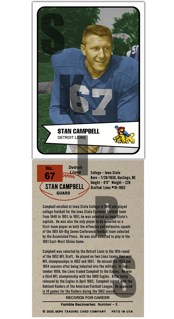 1954 STCC #67 Bowman Stan Campbell Detroit Lions Iowa State