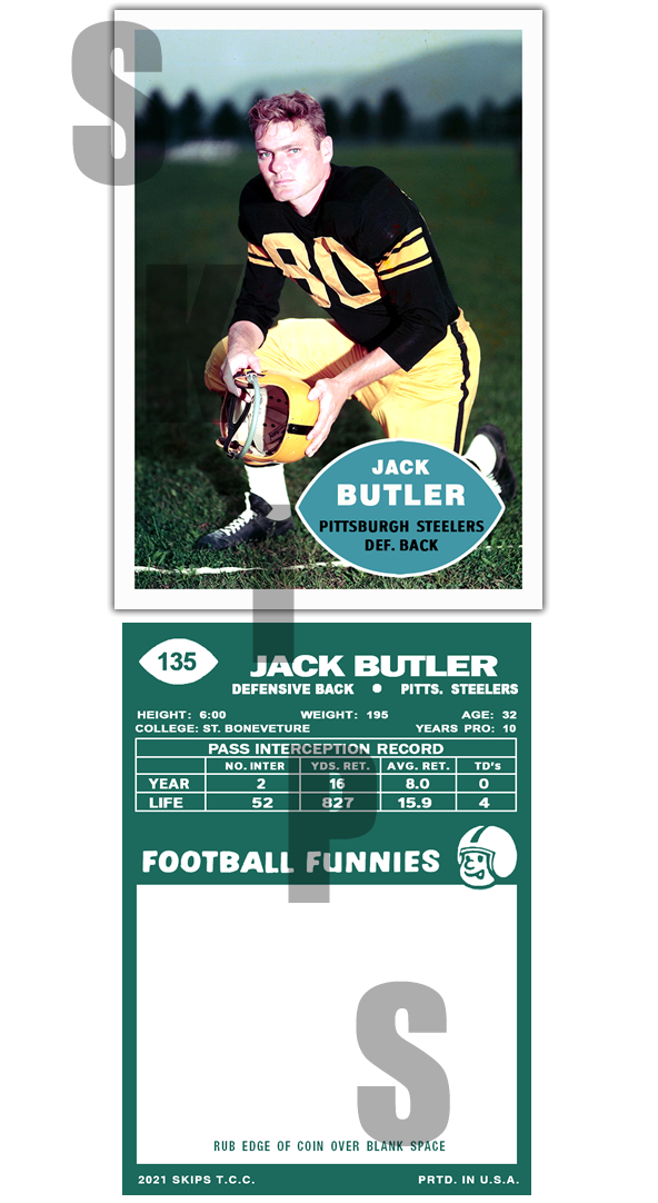 1960 STCC #135 Jack Butler Topps Pittsburgh Steelers Custom HOF
