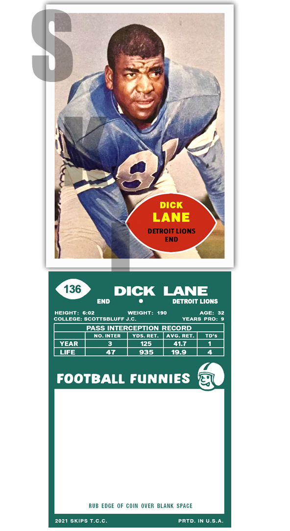 1960 STCC #136 Dick Lane Topps Detroit Lions Cardinals Rams HOF