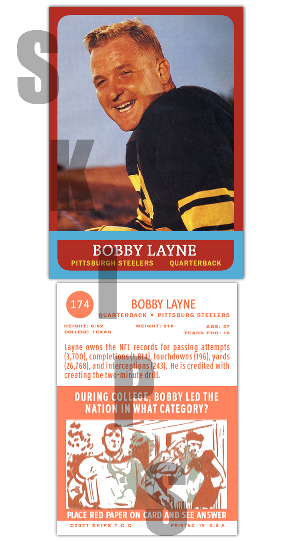 1963 STCC #174 Bobby Layne Pittsburgh Steelers Topps Custom HOF