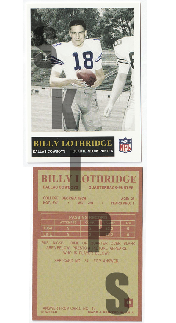1965 STCC #18 Philadelphia Billy Lothridge Dallas Cowboys