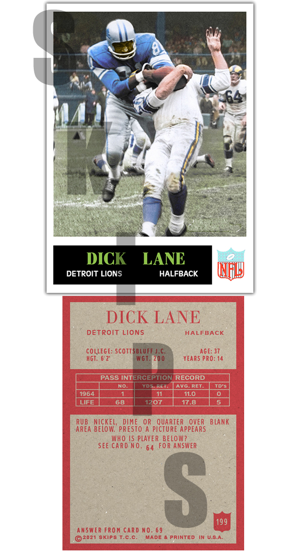 1965 STCC #199 Dick Lane Philadelphia Detroit Lions Cardinals Ra