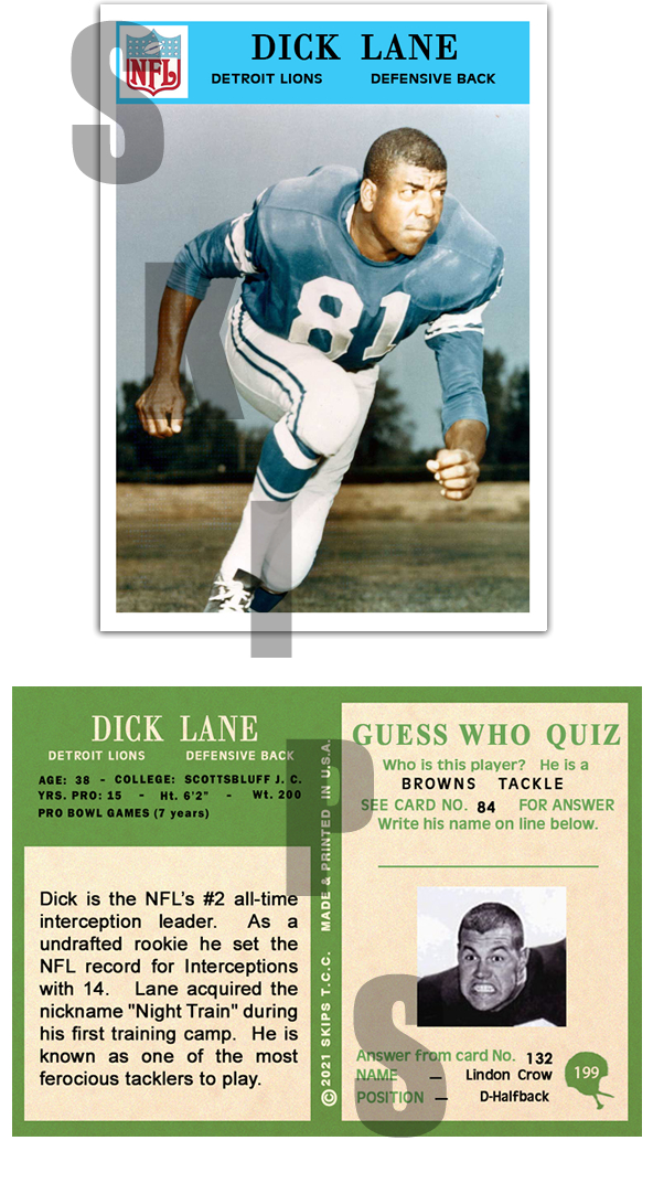 1966 STCC #199 Dick Lane Philadelphia Detroit Lions Cardinals Ra