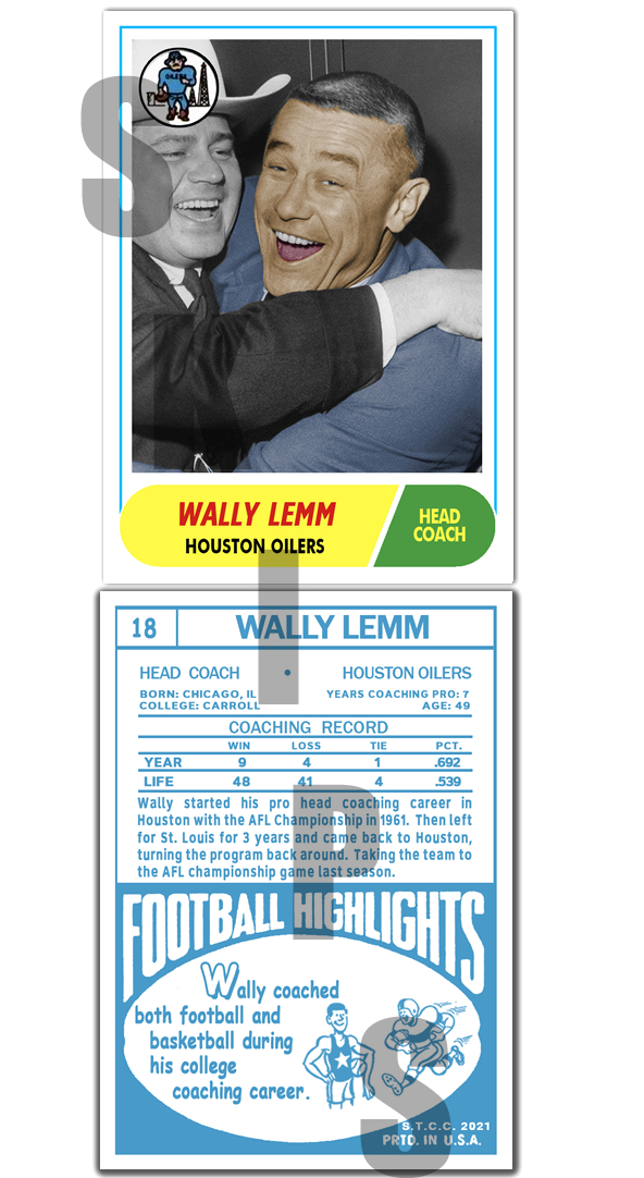 1968 STCC Legends Coaches #18 Wally Lemm Topps Houston Oilers