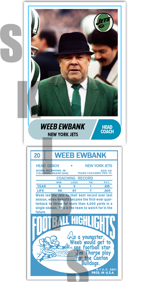 1968 STCC Legends Coaches #20 Weeb Ewbank Topps New York Jets HO