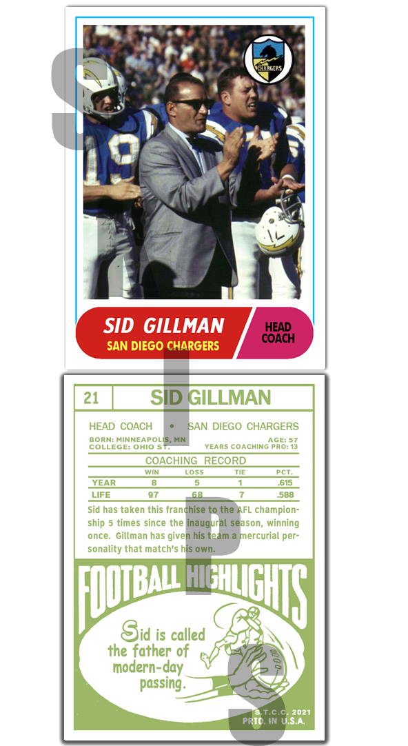 1968 STCC Legends Coaches #21 Sid Gillman Topps San Diego Charge