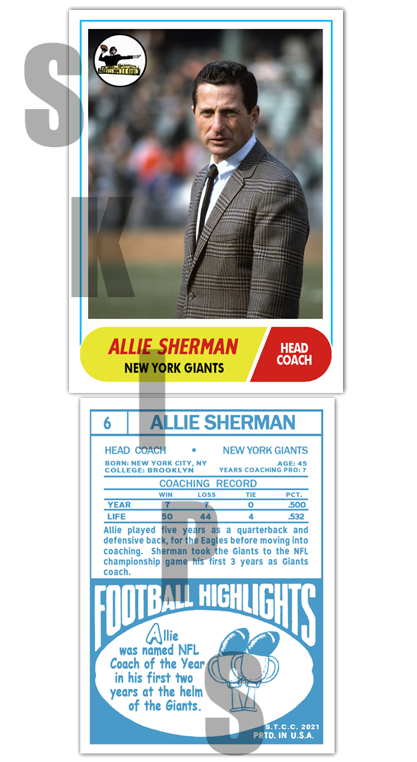 1968 STCC Legends Coaches #6 Allie Sherman Topps New York Giants