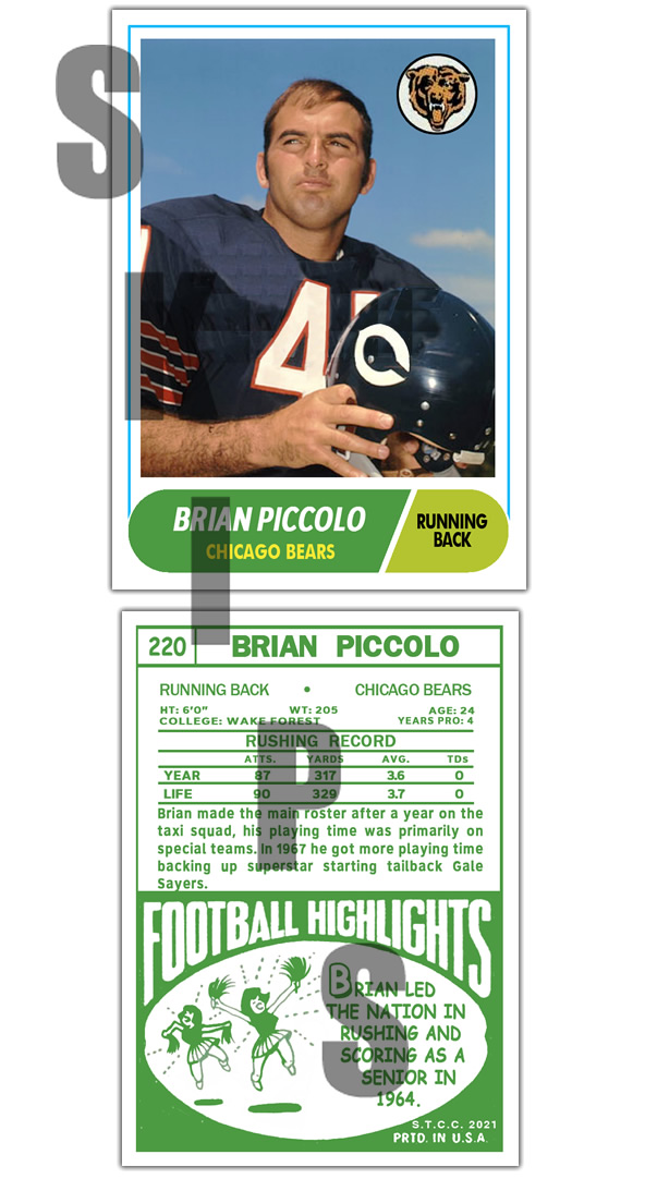 1968 STCC #220 Topps Brian Piccolo Chicago Bears Wake Forest Cus