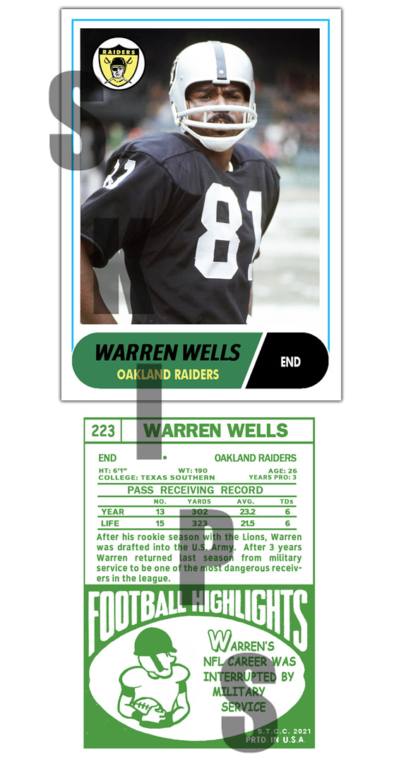 1968 STCC #223 Topps Warren Wells Oakland Raiders Texas Southern