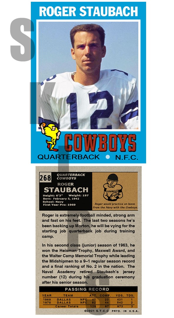 1971 STCC #268 Roger Staubach Dallas Cowboys HOF Navy Custom