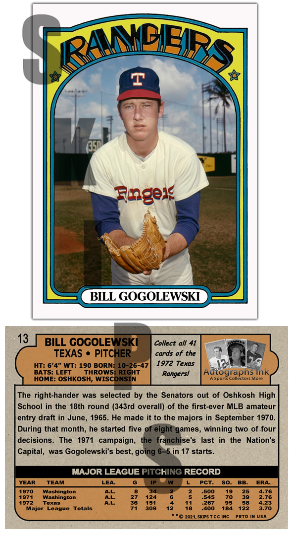 1972 STCC Autographs Ink Texas Rangers #13 Bill Gogolewski Oshko
