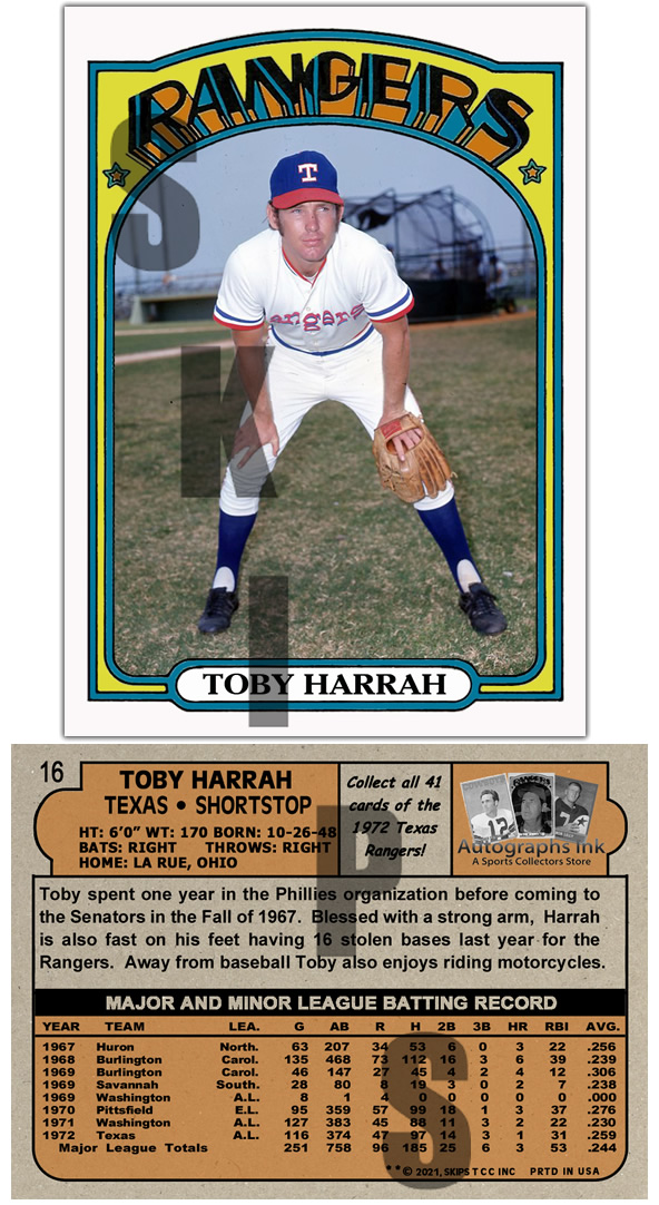 1972 STCC Autographs Ink Texas Rangers #16 Toby Harrah