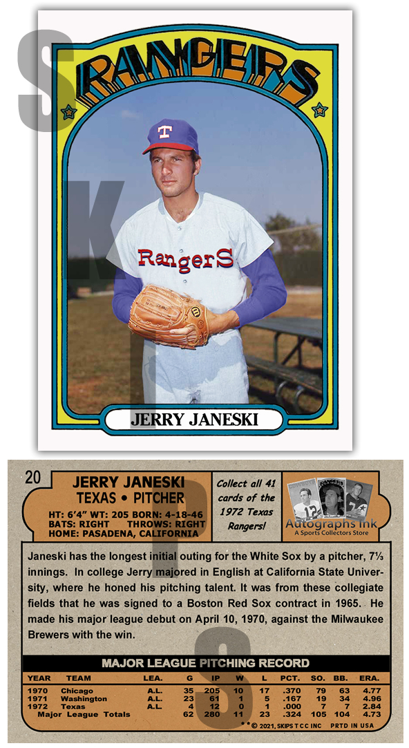 1972 STCC Autographs Ink Texas Rangers #20 Jerry Janeski