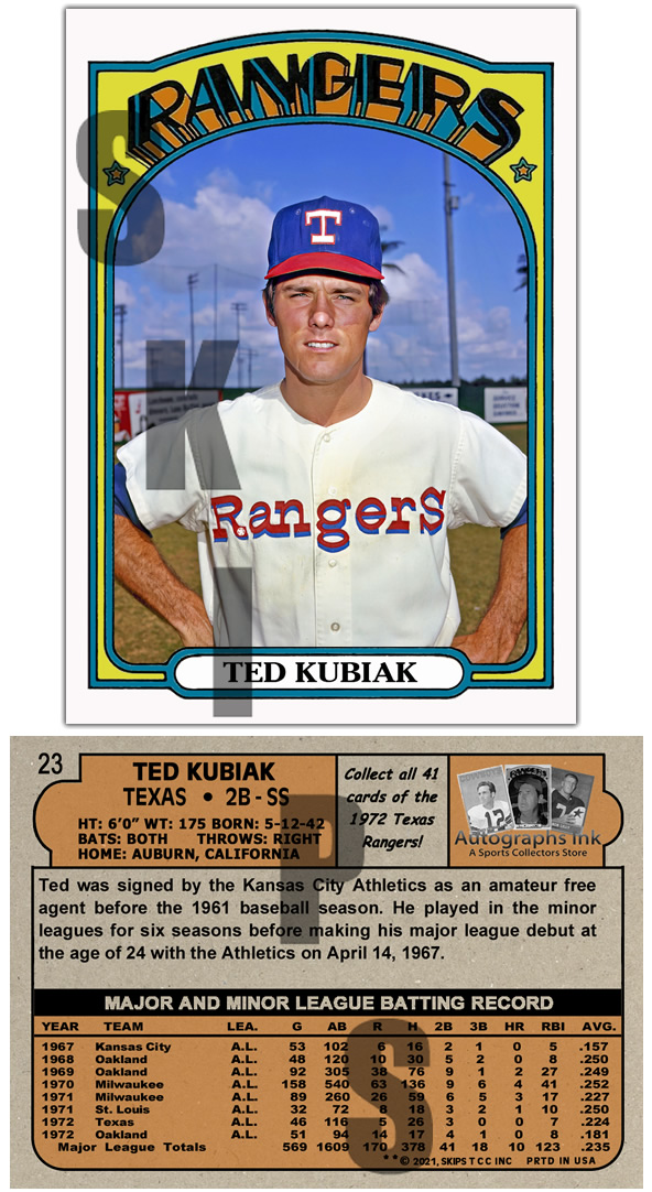 1972 STCC Autographs Ink Texas Rangers #23 Ted Kubiak