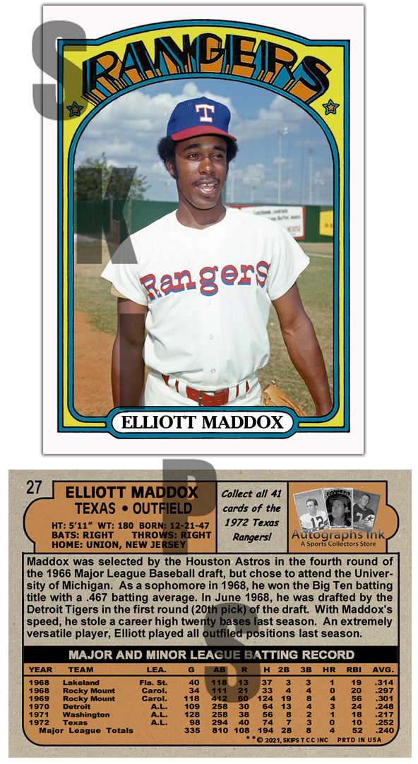 1972 STCC Autographs Ink Texas Rangers #27 Elliott Maddox
