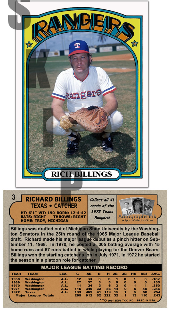 1972 STCC Autographs Ink Texas Rangers #3 Rich Billings