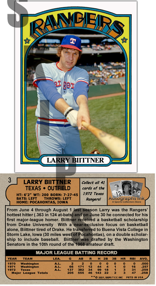 1972 STCC Autographs Ink Texas Rangers #3b Larry Biittner