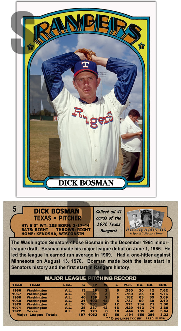 1972 STCC Autographs Ink Texas Rangers #5 Dick Bosman