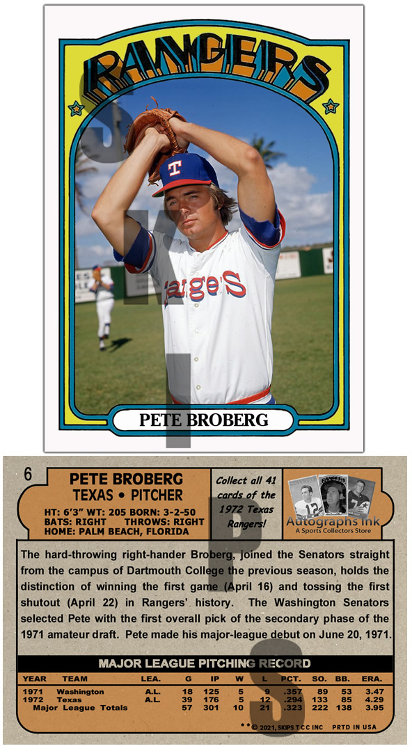 1972 STCC Autographs Ink Texas Rangers #6 Pete Broberg