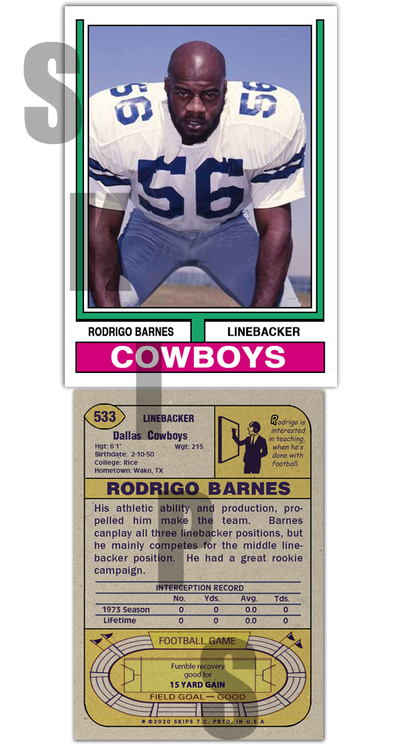 1974 STCC #533 Rodrigo Barnes Topps Dallas Cowboys Rice Custom