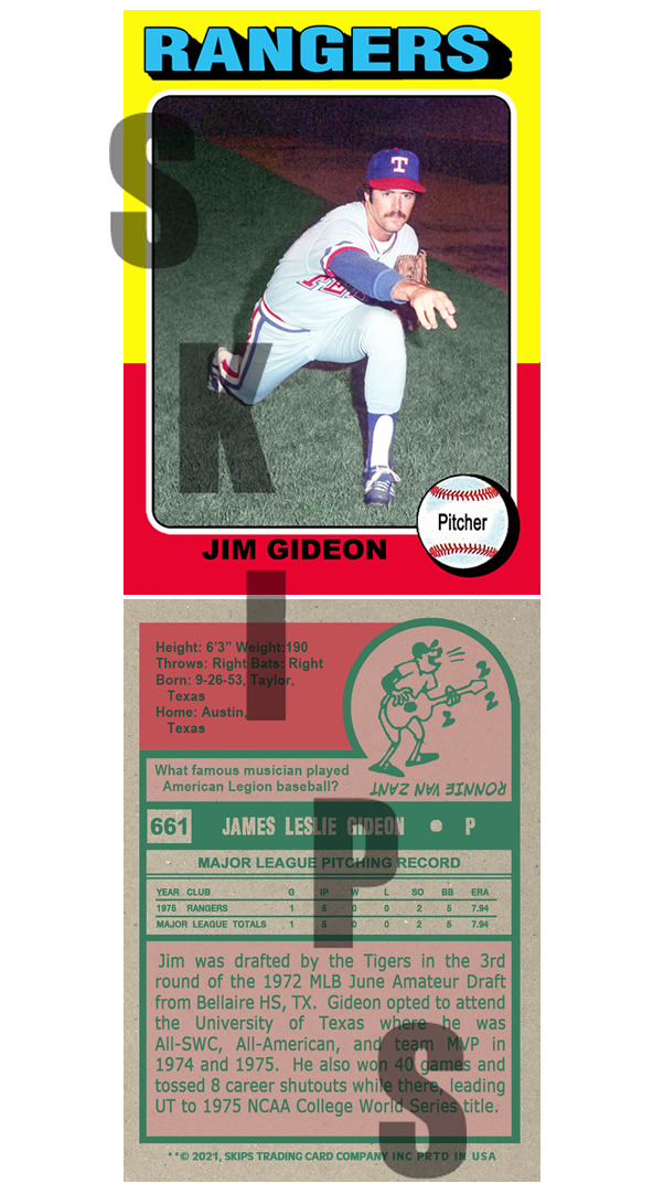 1975 STCC #661 Topps Jim Gideon University of Texas Rangers