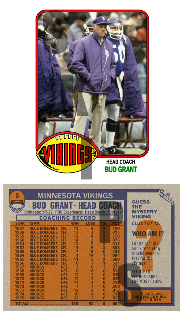 1976 STCC #3 Topps Bud Grant Minnesota Vikings