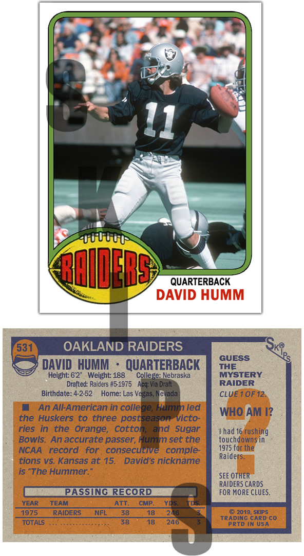 1976 STCC #531 Topps David Humm Oakland Raiders Nebraska Huskers