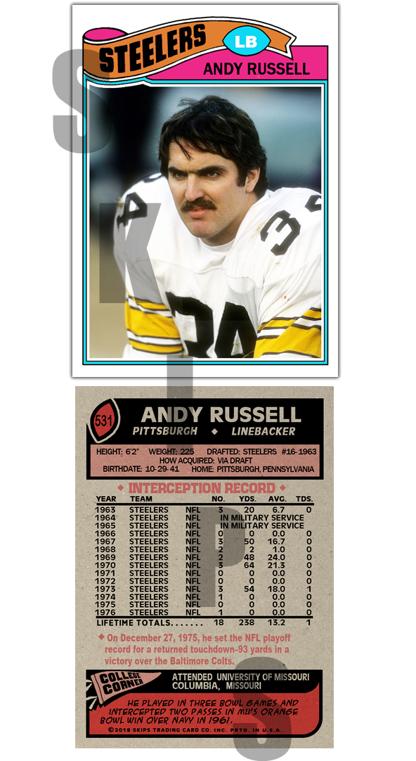 1977 STCC #531 Andy Russell Pittsburgh Steelers Topps Custom