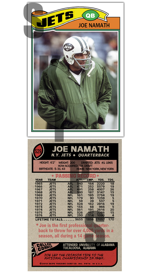 1977 STCC #529 Topps Joe Namath New York Jets HOF Alabama