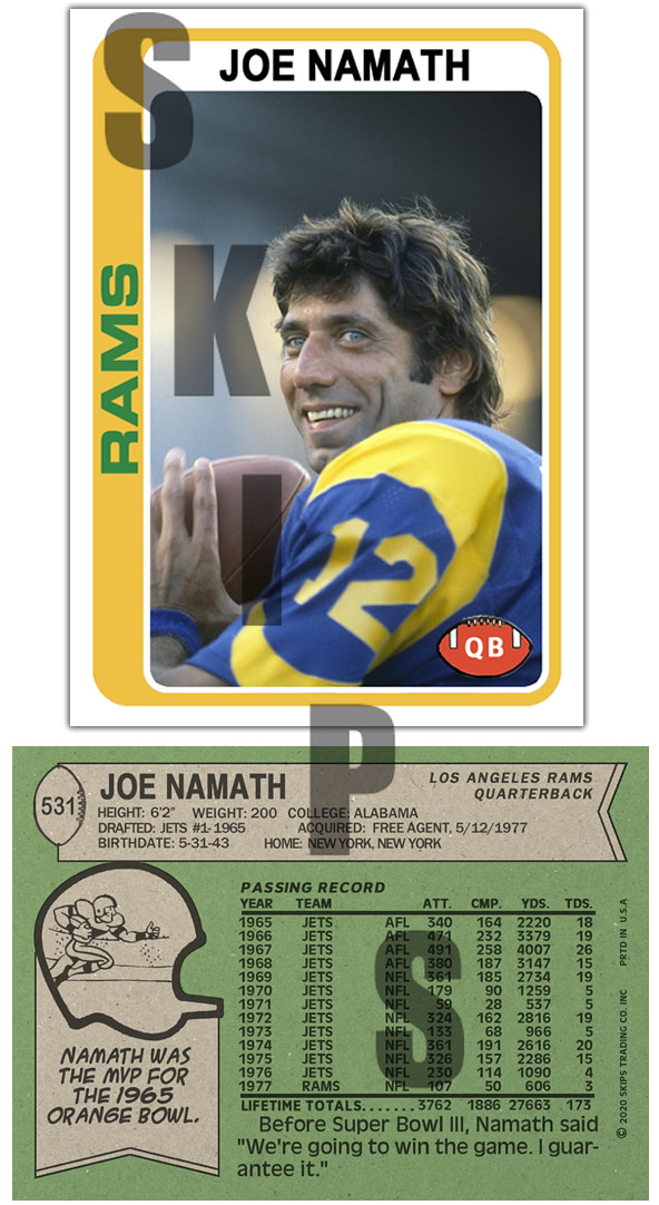 1978 STCC #531 Topps Joe Namath Los Angeles Rams HOF Alabama