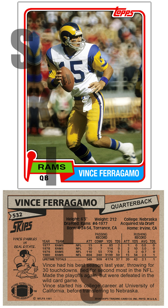 1981 STCC #532 Topps Vince Ferragamo Los Angeles Rams Custom