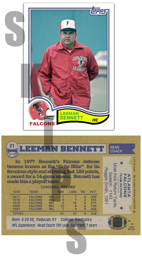 1982 STCC #21 Leeman Bennett Topps Atlanta Falcons Coach HOF