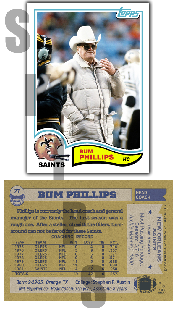1982 STCC #27 Bum Phillips Topps New Orleans Saints Oilers coach