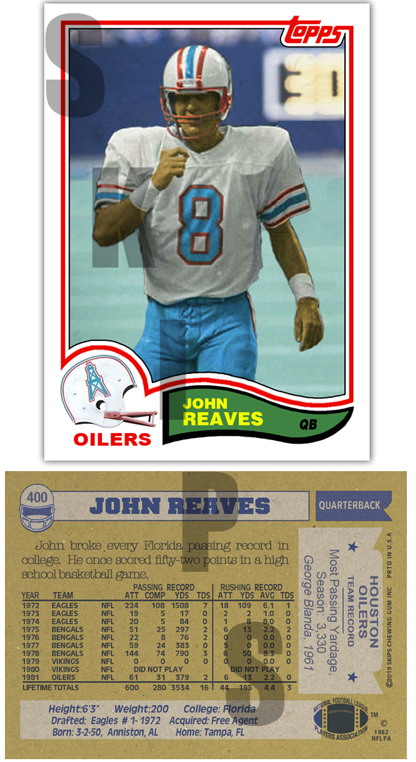 1982 STCC #400 John Reaves Topps Houston Oilers Custom