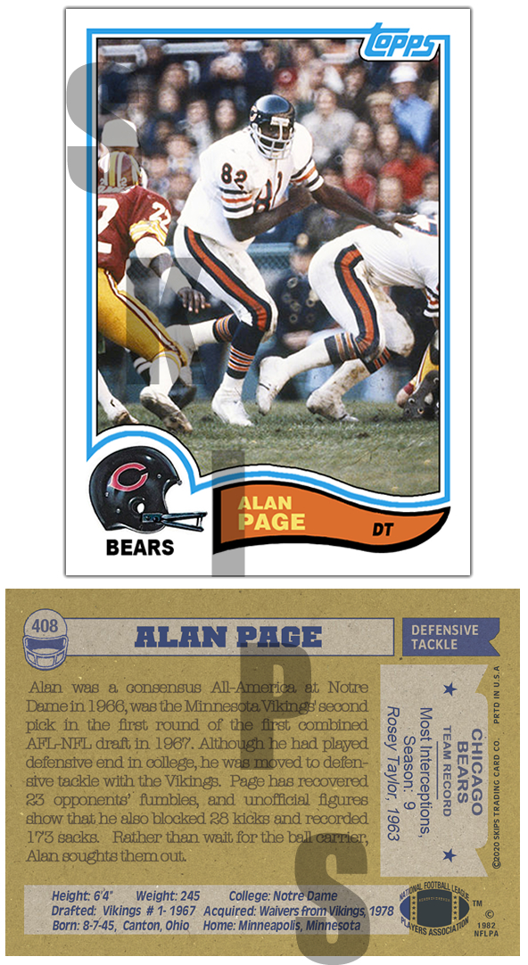 1982 STCC #408 Alan Page Chicago Bears Vikings Topps HOF Custom