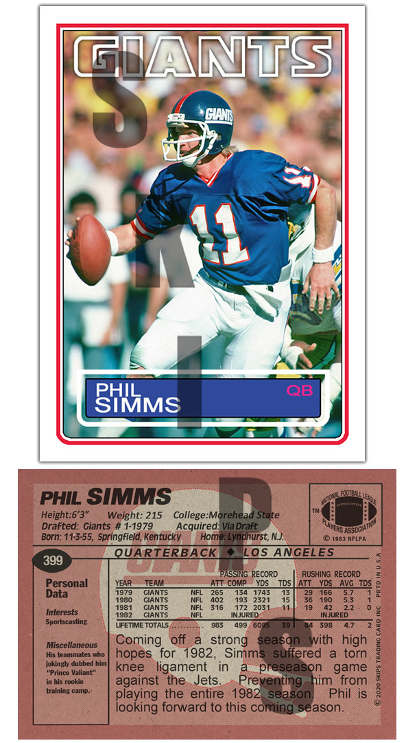 1983 STCC #399 Phil Simms New York Giants Topps Moorhead State