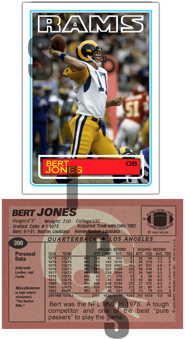 1983 STCC #398 Topps Bert Jones Los Angeles Rams LSU Colts Custo