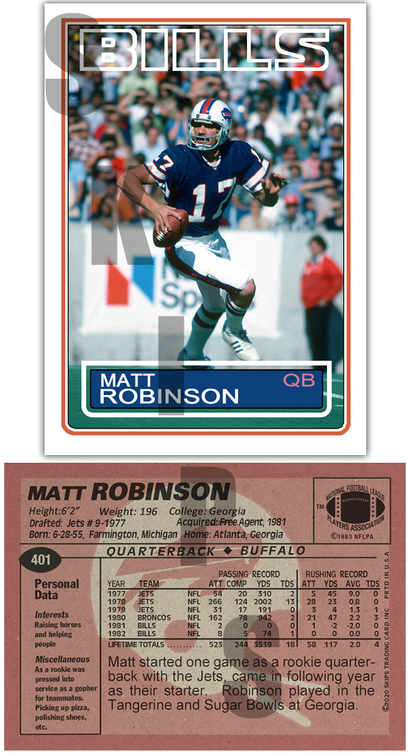1983 STCC #401 Matt Robinson Topps Buffalo Bills Custom