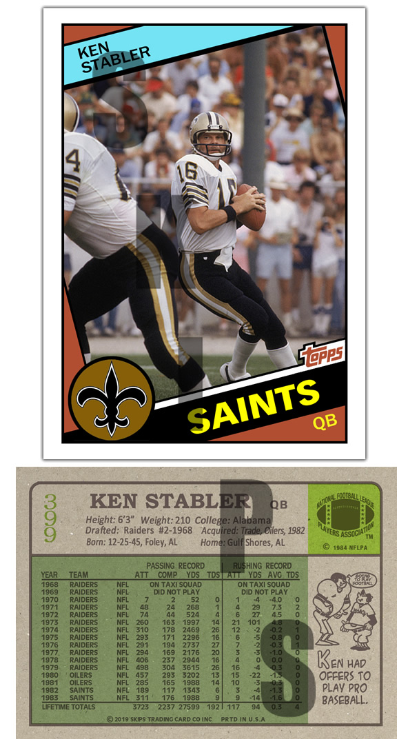 1984 STCC #399 Topps Ken Stabler New Orleans Saints Oakland Raid