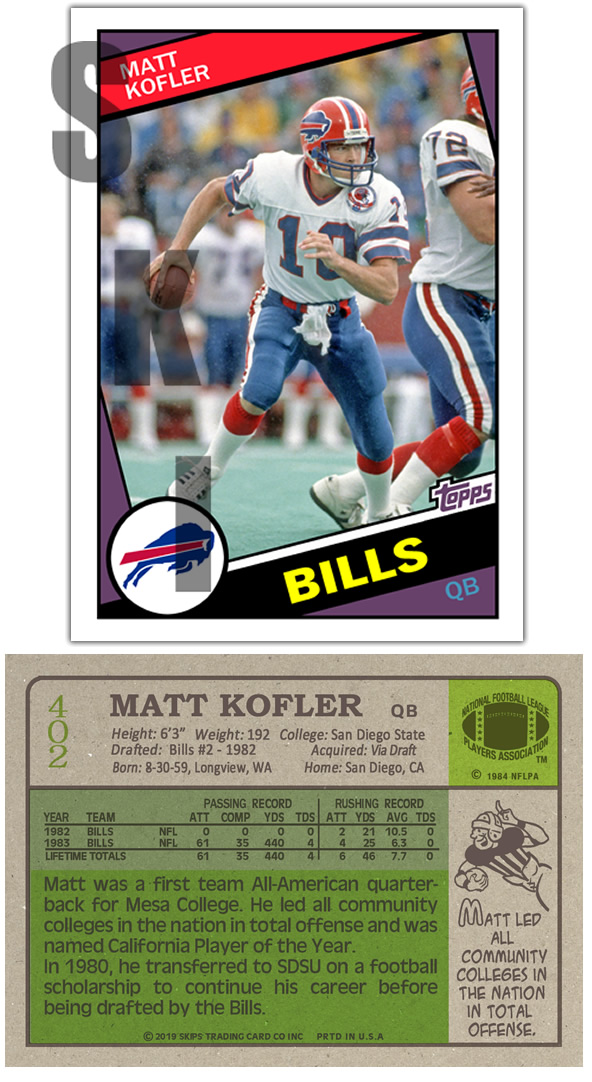 1984 STCC #402 Matt Kofler Buffalo Bills Topps San Diego State