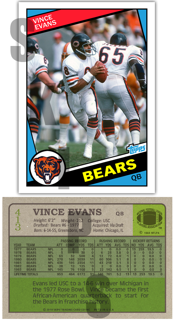 1984 STCC #413 Topps Vince Evans Chicago Bears USC Custom card