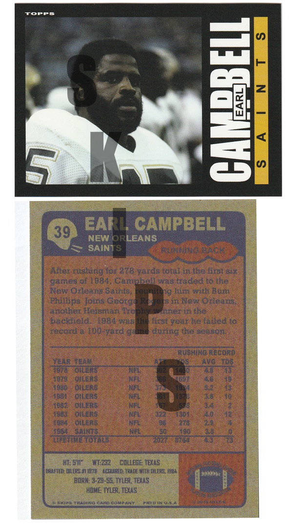 1985 STCC #39 Topps Earl Campbell New Orleans Saints HOF