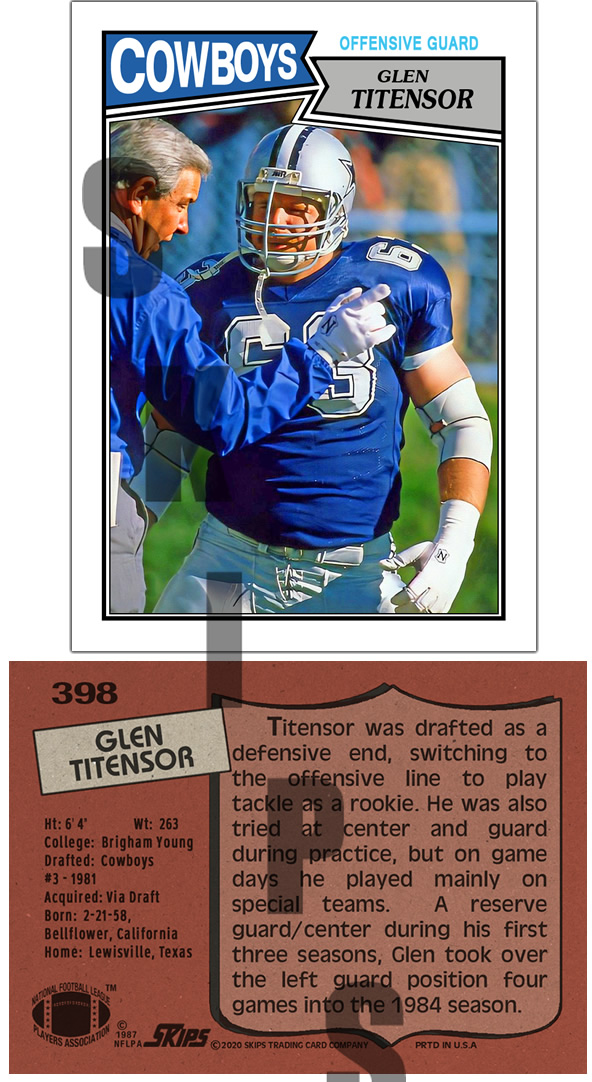 1987 STCC #398 Topps Glen Titensor Dallas Cowboys Custom