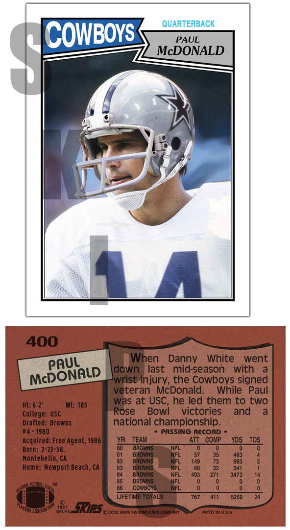 1987 STCC #400 Paul McDonald Topps Dallas Cowboys Custom Card