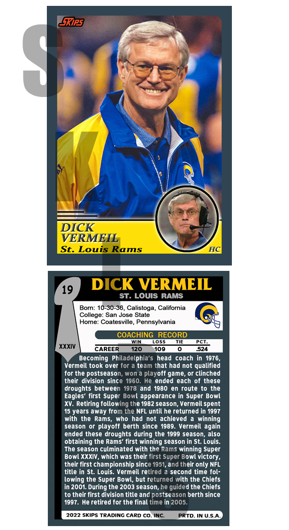 2022 Super Bowl Coaches STCC #19 Dick Vermeil St. Louis Rams