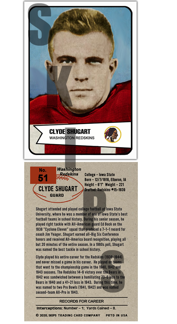 1954 STCC #51 Bowman Clyde Shugart Washington Redskins Iowa Stat